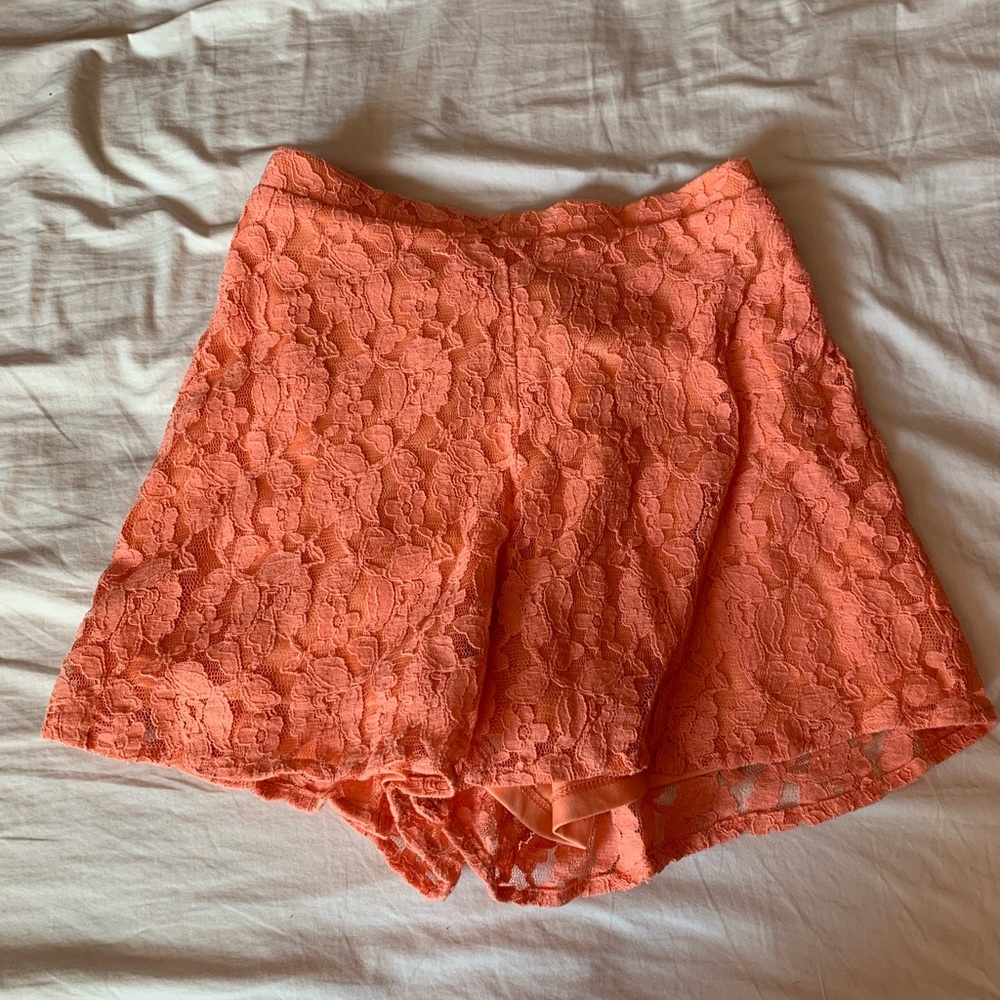 Orange High Waisted Shorts with Lace Overlay